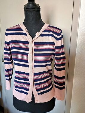 Halogen Striped Crew Neck Cardigan Pink & Blue Medium